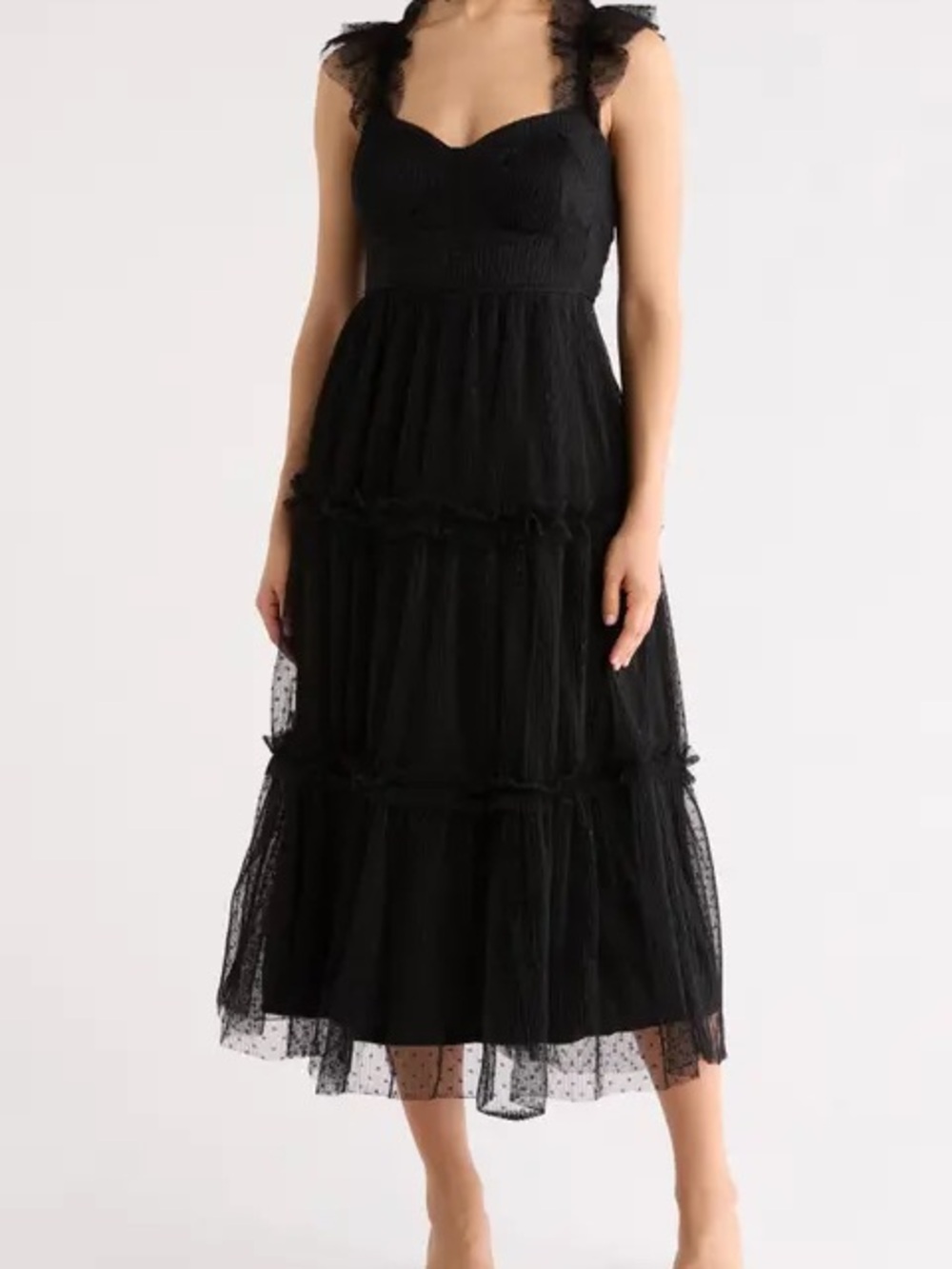 NWOT - Blu Pepper (Nordstrom) Black Tiered Dot-Mesh Midi Dress
